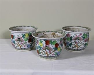 Set of three Chinese Famille Rose planters, 8” across, 6” tall