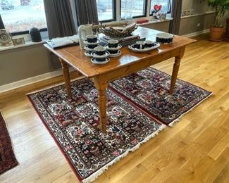 Gorgeous solid pine table, Persian rugs, and Arabia of Finland Cobalt Blue Anemone 