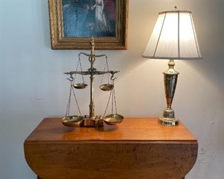18/19th Century English Oil Painting, Double Drop-Leaf Maple Table, Antique Brass Scales (Complete) Table Lamp
