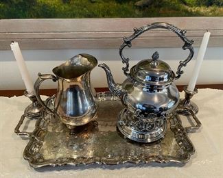 Silver Plate Tea Set & Silver Candle Holders