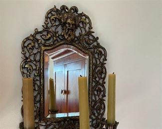Renaissance Revival Bronze Beveled Mirror Wall Sconce Mythical Figure