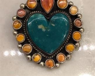 Signed Sterling Native American Gemstone Heart Brooch