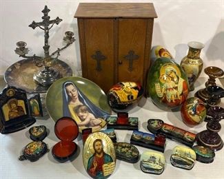 Collection of Religious Articles, oak case and Russian lacquer 