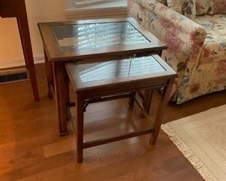#8	Set of 2 Nesting Tables w/glass Top - 25x18x21 (largest table size)	 $125.00 			

