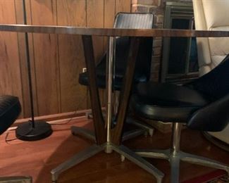 #34	Vintage chromcraft  Base Laminate Top Table w/3 ChromeCraft Black Vinyl Swivel Chairs - 48 Round x 30H	 $300.00 			
