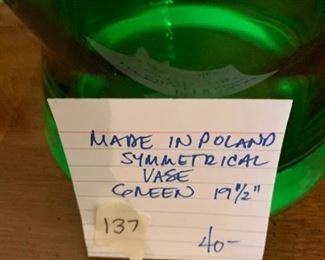 #137	Made in Poland Symmetrical Vase Green 19.5"	 $40.00 			
