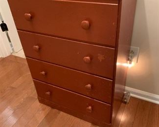#150	Wood Red -Painted 4 drawer Chest of drawers - 24x13x33	 $30.00 			
