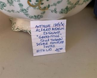 #192	Antique 12.5 Alfred Meakin England  Greenville Soup Turren Double handle footed bowl with lid 	 $45.00 			

