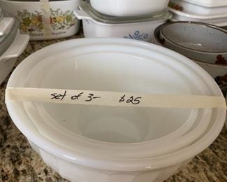 #198	fire king 3 white bowl set 	 $25.00 			
