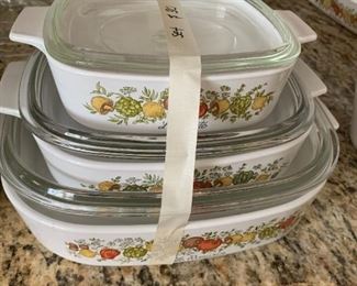 #201	Kitchen	corning ware 6 piece casserole w lid orange flower	 $30.00 			
