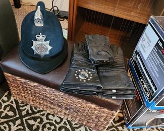 English Bobby helmet and leather riding gloves