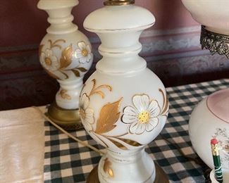 Pair of mid-century hand painted lamps glass with brass base