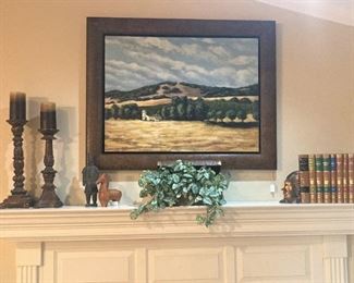 Mantel selections with original framed oil