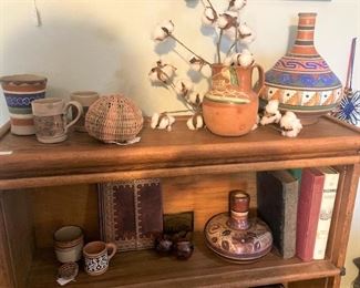 Book shelf; hand-painted cups and vases