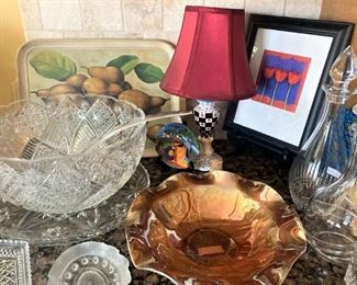 Punch bowl, Carnival glass bowl, decanters