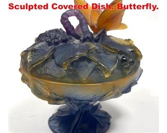 Lot 30 Daum France Pate de Verre Sculpted Covered Dish. Butterfly. 