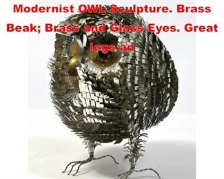 Lot 33 Cut Tin and Brass Brutalist Modernist OWL Sculpture. Brass Beak Brass and Glass Eyes. Great legs an