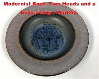 Lot 45 SCHEIER Glazed Pottery Modernist Bowl. Two Heads and a body design. Marked. 
