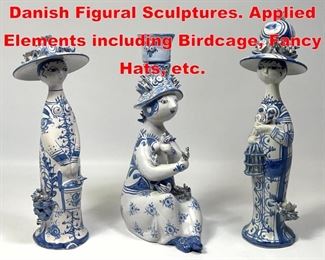 Lot 57 3pc BJORN WIINBLAD Danish Figural Sculptures. Applied Elements including Birdcage, Fancy Hats, etc. 