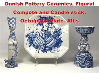 Lot 58 3pc BJORN WIINBLAD Danish Pottery Ceramics. Figural Compote and Candle stick. Octagonal Plate. All s