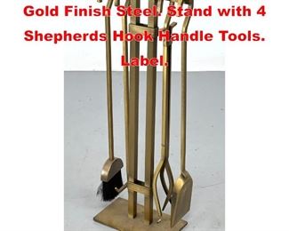 Lot 70 PILGRIM Fireplace Tool Set. Gold Finish Steel. Stand with 4 Shepherds Hook Handle Tools. Label. 