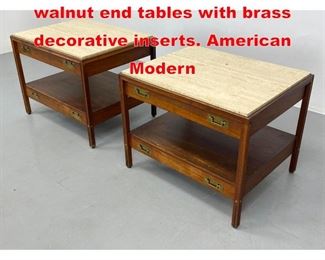 Lot 93 Pair Sligh travertine and walnut end tables with brass decorative inserts. American Modern 
