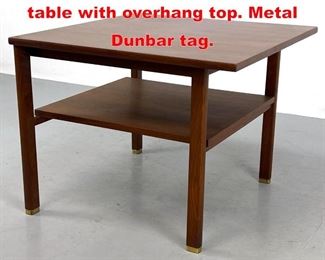Lot 98 Dunbar walnut side end table with overhang top. Metal Dunbar tag.