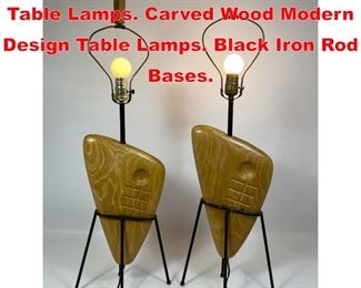Lot 182 Pr Rare Yasha Heifetz Table Lamps. Carved Wood Modern Design Table Lamps. Black Iron Rod Bases. 
