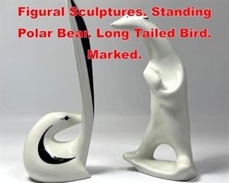 Lot 190 2pc Polish Porcelain Figural Sculptures. Standing Polar Bear. Long Tailed Bird. Marked. 