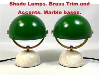 Lot 215 Pr Small Green Dome Shade Lamps. Brass Trim and Accents. Marble bases. 