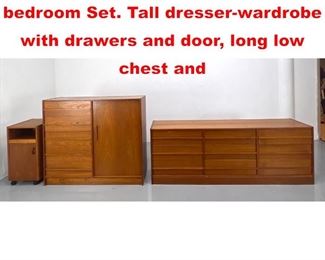 Lot 267 3 pc Danish Modern teak bedroom Set. Tall dresserwardrobe with drawers and door, long low chest and