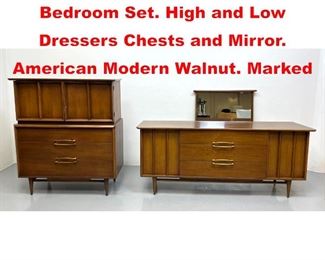 Lot 272 3pc KENT COFFEY Bedroom Set. High and Low Dressers Chests and Mirror. American Modern Walnut. Marked