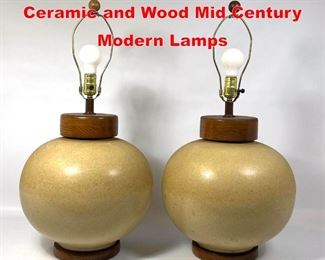 Lot 275 Pair of Large Glazed Ceramic and Wood Mid Century Modern Lamps