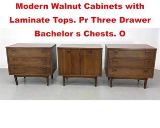 Lot 283 3pc STANLEY American Modern Walnut Cabinets with Laminate Tops. Pr Three Drawer Bachelor s Chests. O