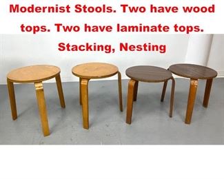 Lot 289 Two Pair Aalto style Modernist Stools. Two have wood tops. Two have laminate tops. Stacking, Nesting