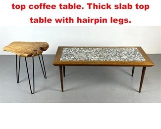 Lot 291 2pcs modernist Tables. Tile top coffee table. Thick slab top table with hairpin legs. 