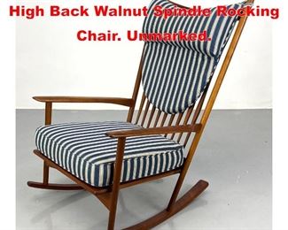 Lot 303 Vintage midcentury Selig High Back Walnut Spindle Rocking Chair. Unmarked. 
