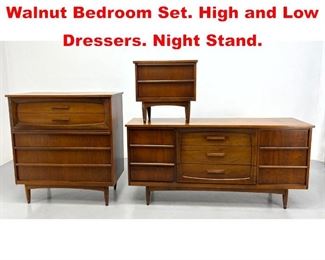 Lot 325 3pc American Modern Walnut Bedroom Set. High and Low Dressers. Night Stand. 