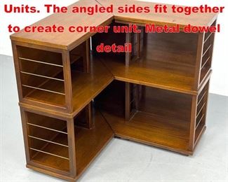 Lot 330 2pc Angled Wood Shelf Units. The angled sides fit together to create corner unit. Metal dowel detail
