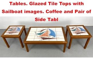 Lot 359 Set 3 Danish Modern Teak Tables. Glazed Tile Tops with Sailboat images. Coffee and Pair of Side Tabl