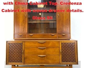 Lot 379 LANE Two Part Credenza with China Cabinet Top. Credenza Cabinet with woven drawer details. Glass Sli