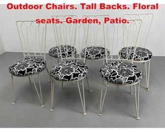 Lot 429 Set 6 Painted White Iron Outdoor Chairs. Tall Backs. Floral seats. Garden, Patio. 