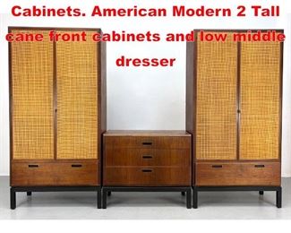 Lot 442 3pcs Milo Baughman Style Cabinets. American Modern 2 Tall cane front cabinets and low middle dresser