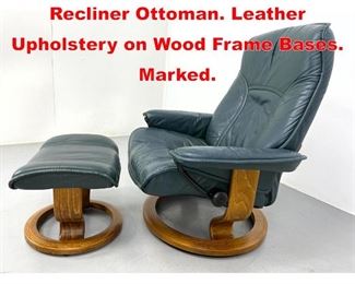 Lot 483 Pr EKORNES Stressless Recliner Ottoman. Leather Upholstery on Wood Frame Bases. Marked. 