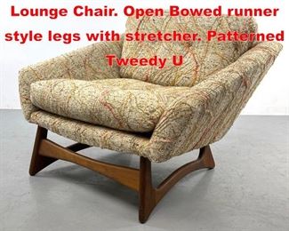 Lot 495 Adrian Pearsall Walnut Lounge Chair. Open Bowed runner style legs with stretcher. Patterned Tweedy U