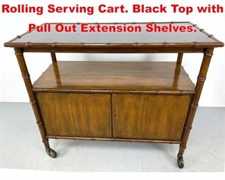 Lot 515 Wood Faux Bamboo Frame Rolling Serving Cart. Black Top with Pull Out Extension Shelves.