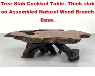 Lot 539 Live Edge Natural Wood Tree Slab Cocktail Table. Thick slab on Assembled Natural Wood Branch Base.