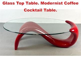 Lot 556 Red Enamel Forked Tongue Glass Top Table. Modernist Coffee Cocktail Table. 