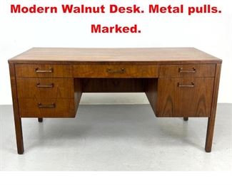 Lot 561 FOUNDERS American Modern Walnut Desk. Metal pulls. Marked. 