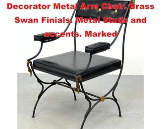 Lot 576 CREATIVE METAL Decorator Metal Arm Chair. Brass Swan Finials. Metal Studs and accents. Marked